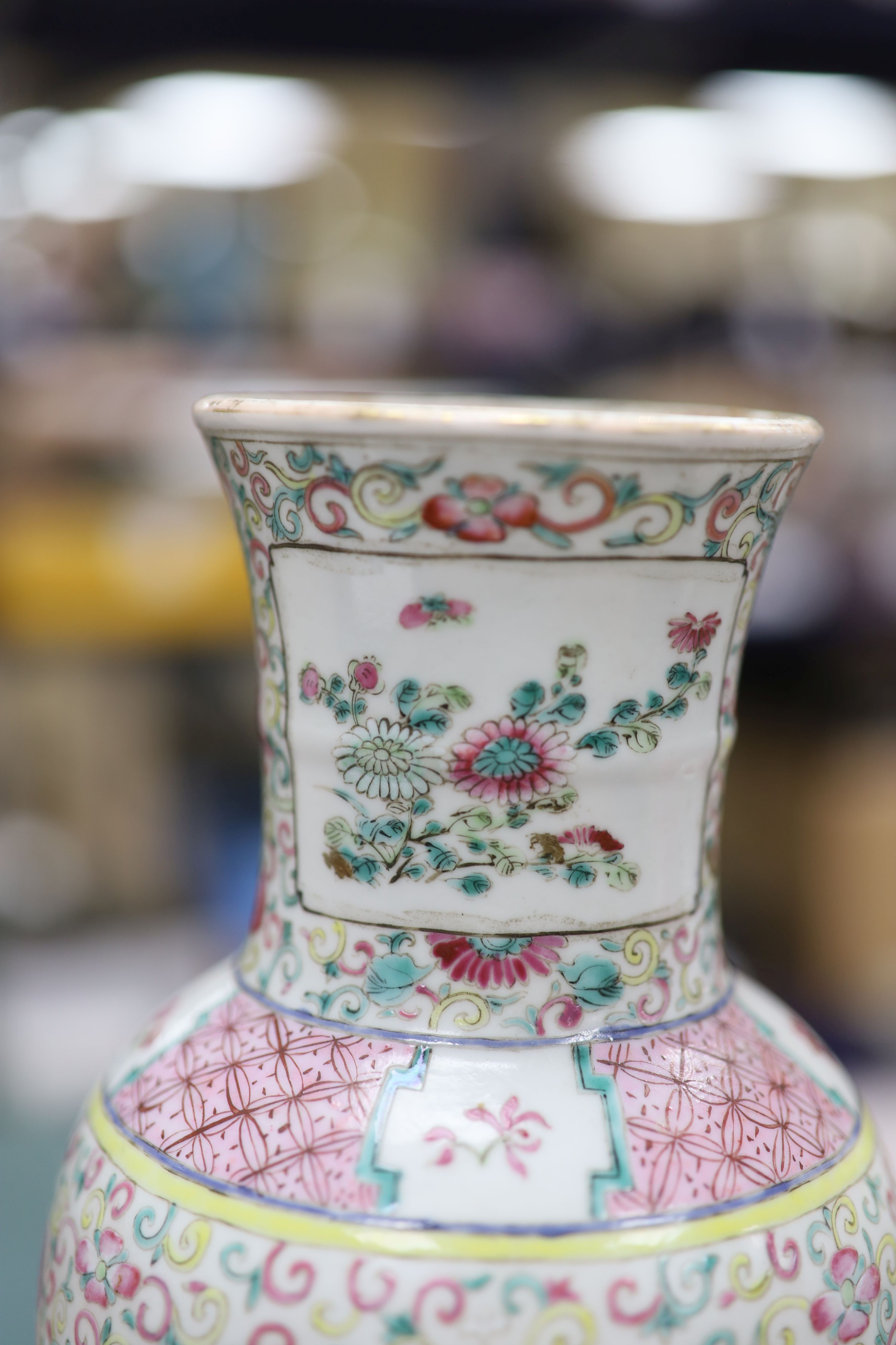 A pair of 19th century Chinese famille rose vases- ex lamp bases, height 31.5cm